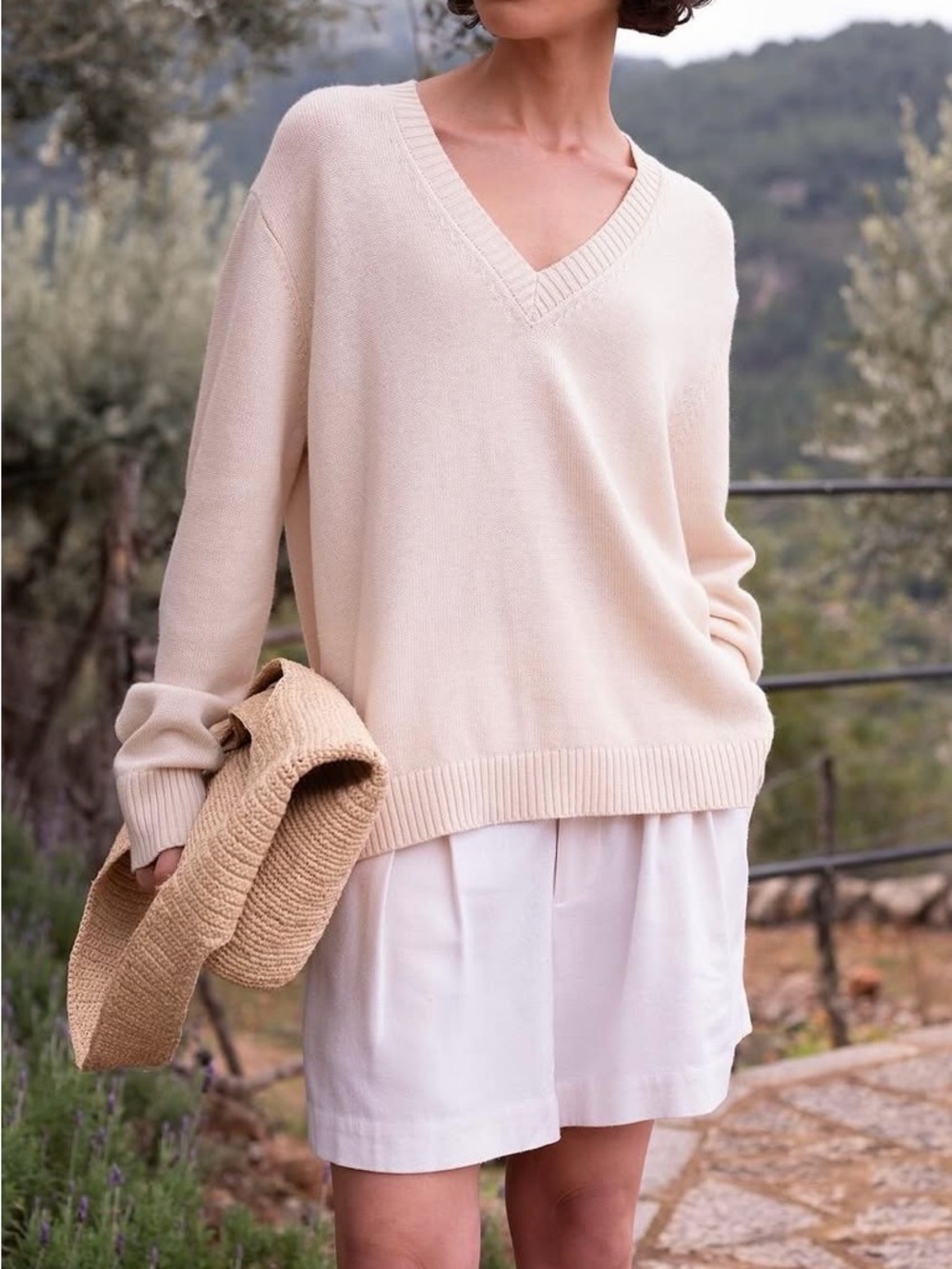 NWOT Jenni Kayne Simone V-Neck Sweater XS Cotton Merino Oversized Neutral Summer